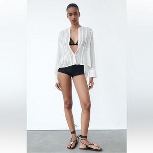 ZARA White Asymmetric Hem Blouse Button Front Cotton Pleated Front Size XS